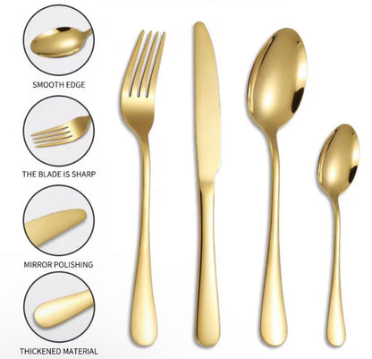 Gold cutlery set with features highlighted on a white background