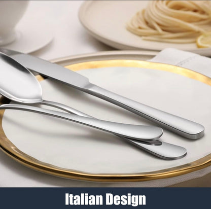 Silver cutlery set on a white plate with pasta in the background, labeled 'Italian Design'.