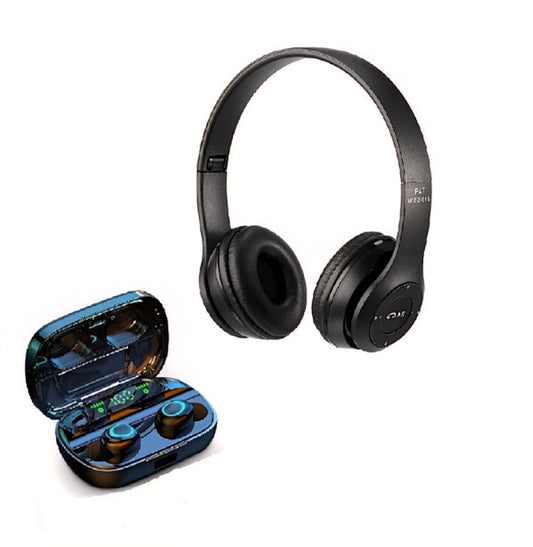 Black headphones with a blue charging case on a white background