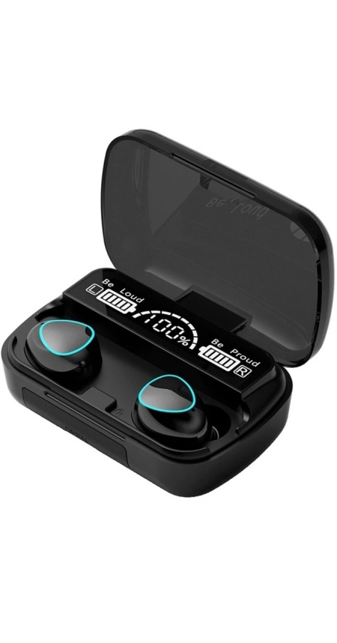 Black wireless earbuds with charging case on a white background