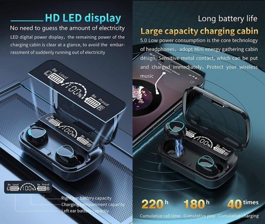 Black wireless earbuds with charging case and LED display on a dark background