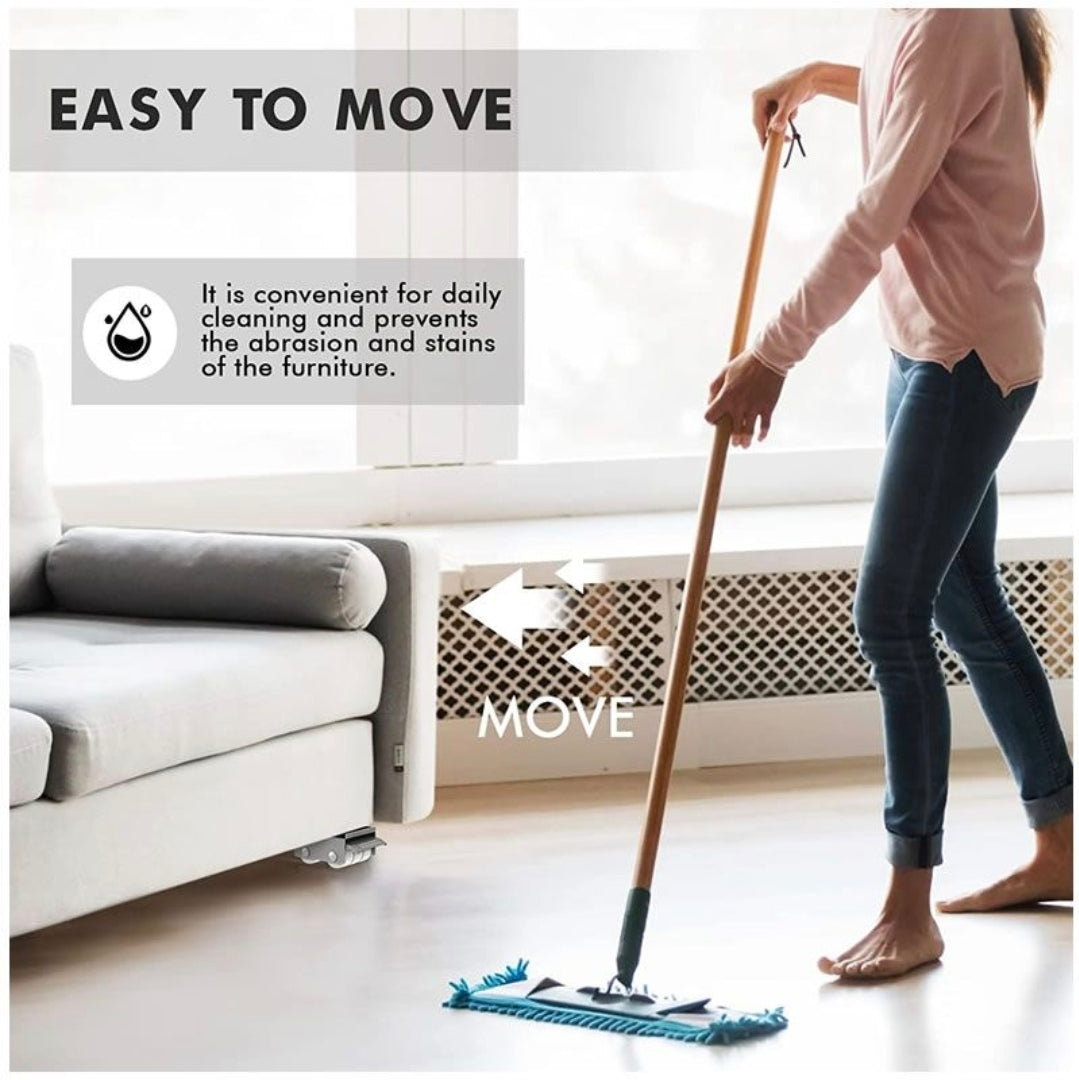 Person cleaning a floor with a mop, with text indicating ease of movement and benefits.