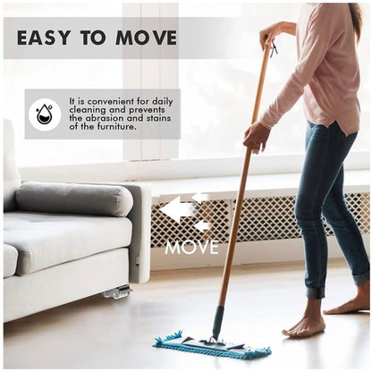 Person cleaning a floor with a mop, with text indicating ease of movement and benefits.