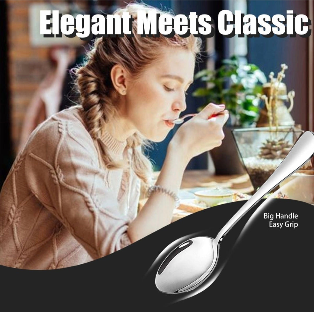 Woman eating with a spoon, text 'Elegant Meets Classic' and 'Big Handle Easy Grip' overlayed.