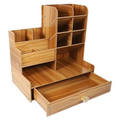 Wooden desk organizer with multiple compartments and a drawer on a white background