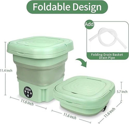 A foldable container shown in two states: fully expanded on the left with dimension labels (11.4 inch height, 11.