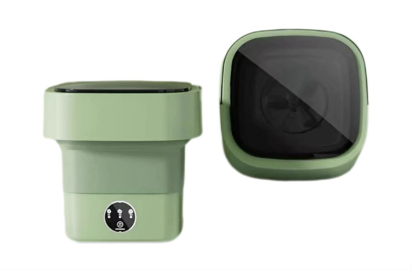 A compact, foldable green washing machine shown from two angles on a plain white background: one showing the front with a small circular control panel, and the other showing the back with a large dark reflective panel.