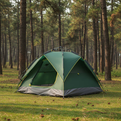 A green and gray camping tent with yellow trim, shown from a three-quarters perspective against a solid light green background. The brand name 'CAMEL' is printed in white on the side.