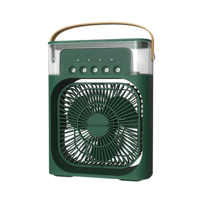 Green portable fan with a handle on a white background