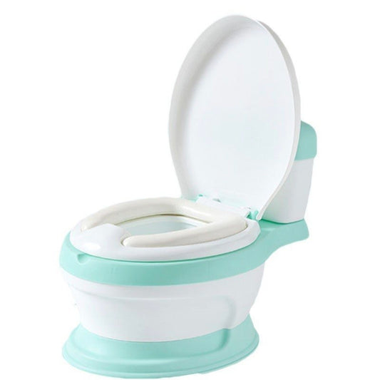 Children's potty seat with a white lid and light blue body on a white background