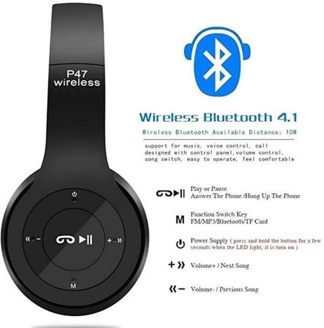 Black wireless Bluetooth headphones with control panel and Bluetooth logo on a white background