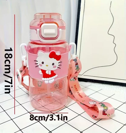 Pink water bottle with Hello Kitty design and measurement details on a grid background