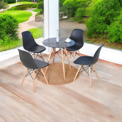 Round Glass Dining Table Set with Wooden-Leg Chairs (5-Piece Set)