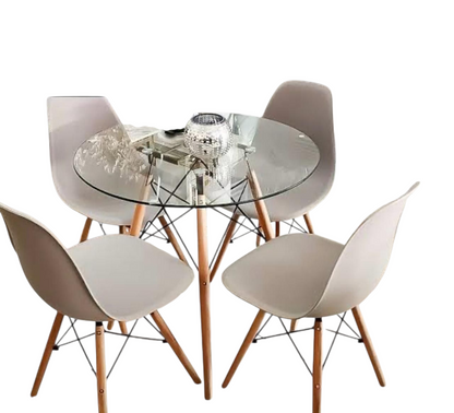 Round Glass Dining Table Set with Wooden-Leg Chairs (5-Piece Set)