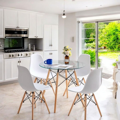 Round Glass Dining Table Set with Wooden-Leg Chairs (5-Piece Set)