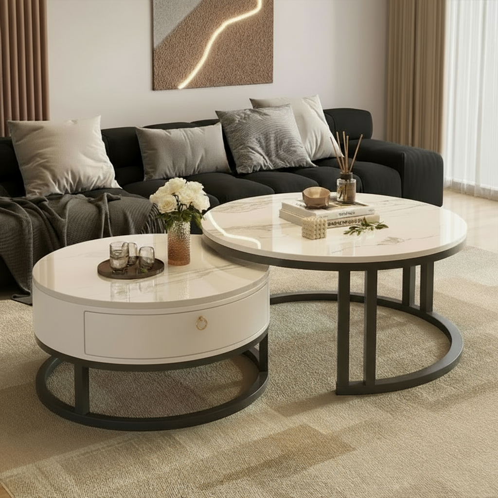 Modern Marble-Look Round Nesting Coffee Table Set with Storage Drawer