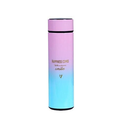 Gradient pink to blue thermo flask with motivational quote on a white background