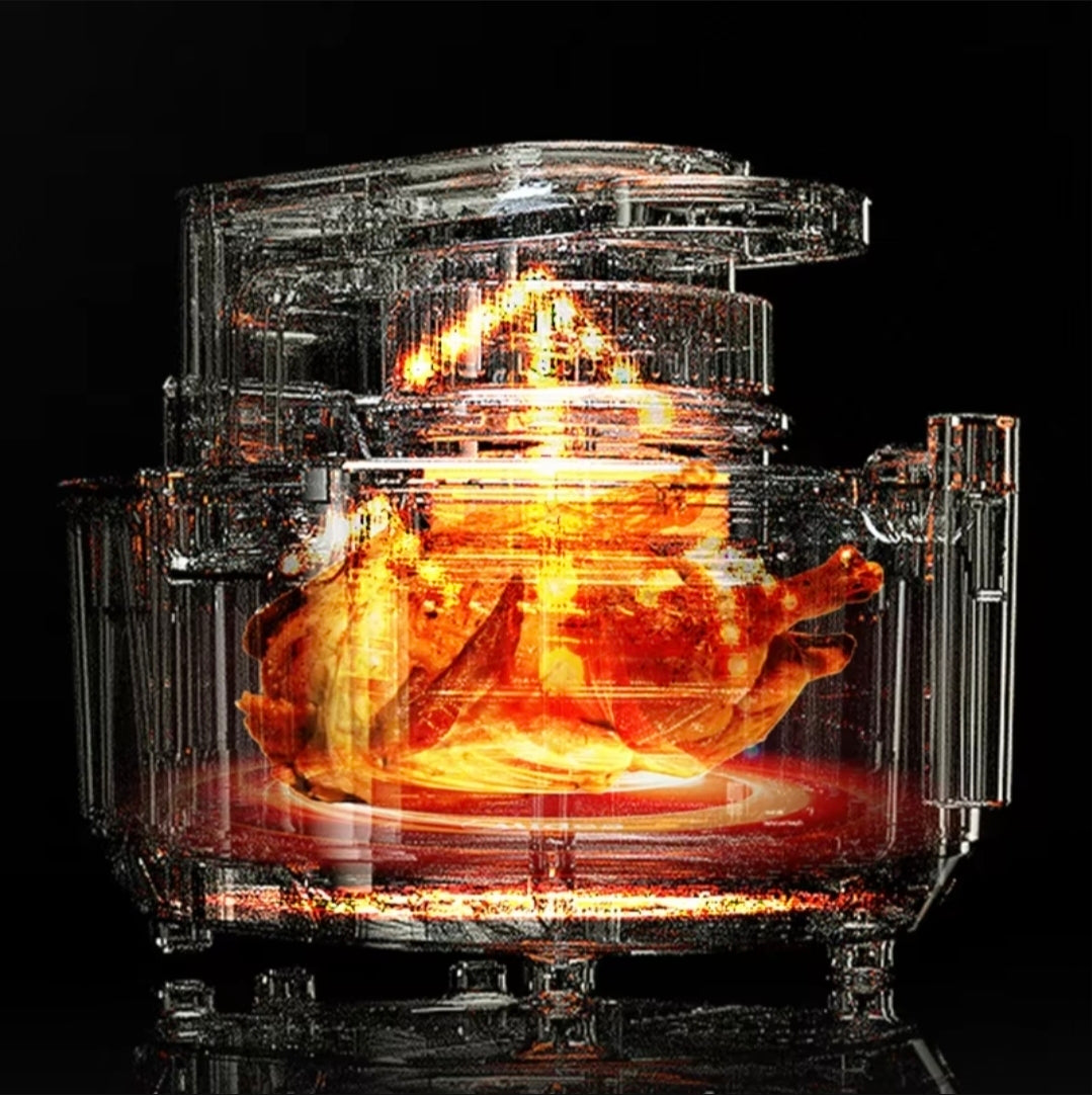 Glass enclosure with a glowing interior on a black background