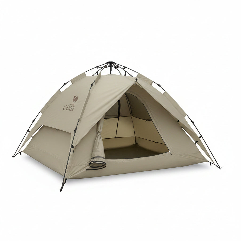 A dome-style camping tent in light beige and white with black accents, shown floating against a solid beige background.