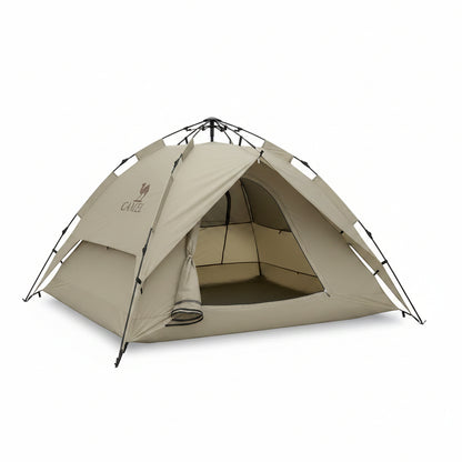 A dome-style camping tent in light beige and white with black accents, shown floating against a solid beige background.