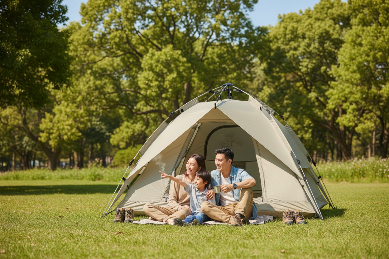 A family of three sits inside a beige camping tent pitched on a grassy park lawn with trees in the background.