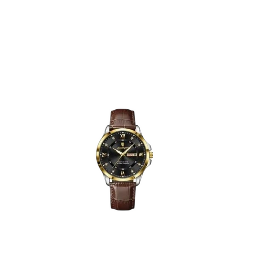 Wristwatch with brown leather strap and gold case on a white background