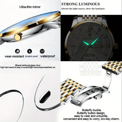 Watch with metallic band and features highlighted on a white background