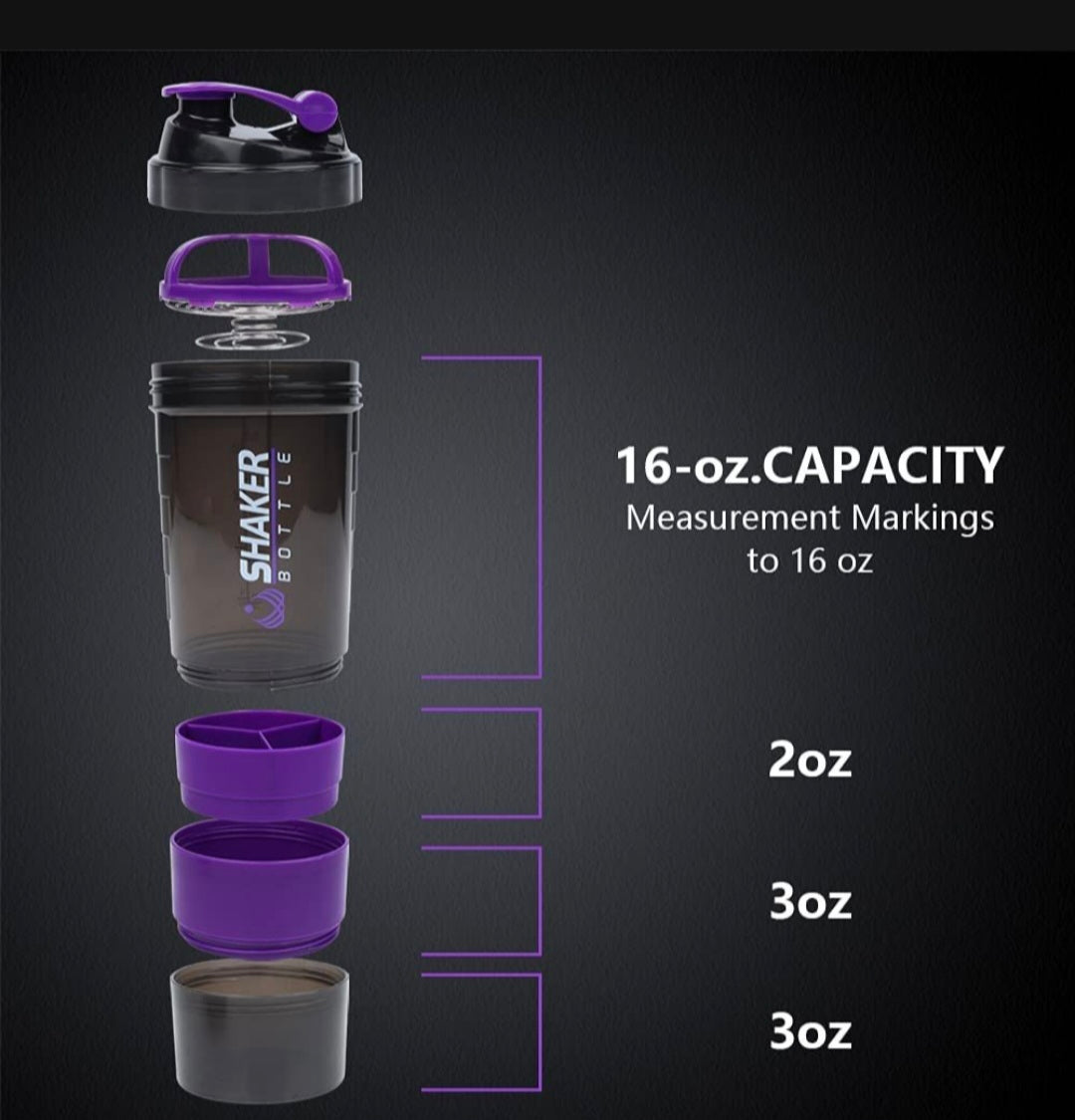 Shaker bottle with measurement markings on a black background