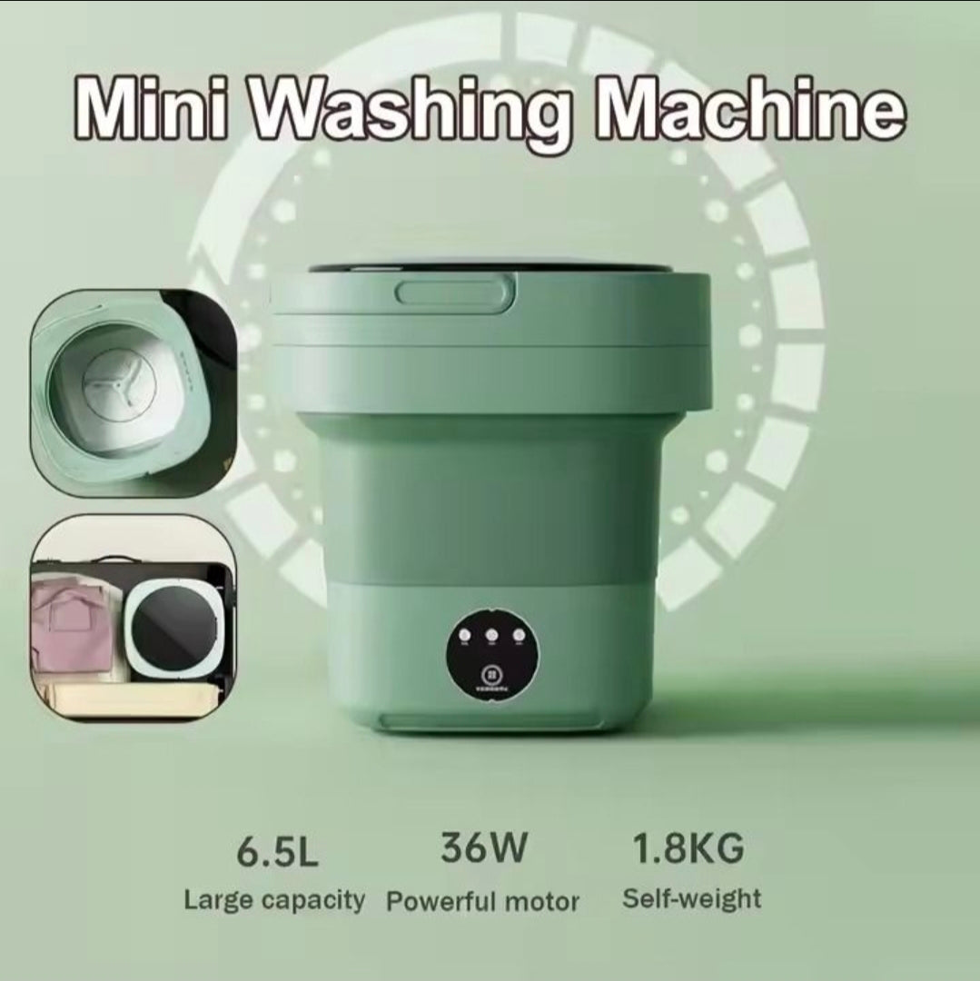 A mint green mini washing machine shown on a pale green background with product specs below and two small inset detail views on the left. Text reads 'Mini Washing Machine' and lists 6.