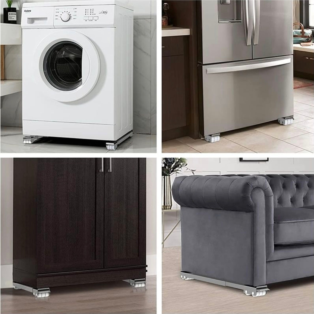 Four images showing appliances and furniture with leveling feet: a white washing machine, a stainless steel refrigerator, a dark wooden cabinet, and a gray sofa.