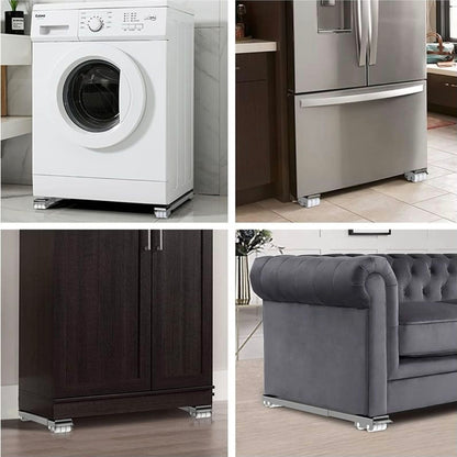 Four images showing appliances and furniture with leveling feet: a white washing machine, a stainless steel refrigerator, a dark wooden cabinet, and a gray sofa.