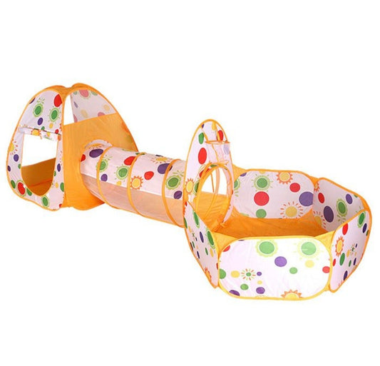 Colorful play tunnel with polka dot design on a white background