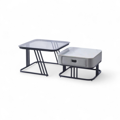 Elegant Nesting Square Glass Top & Marble Top Drawer Table