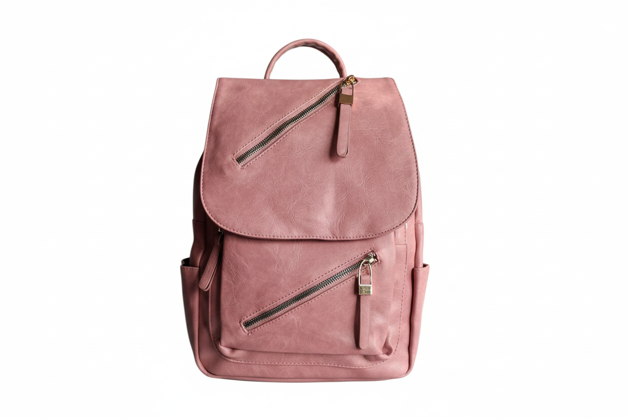 Pink backpack with gold zippers on a white background
