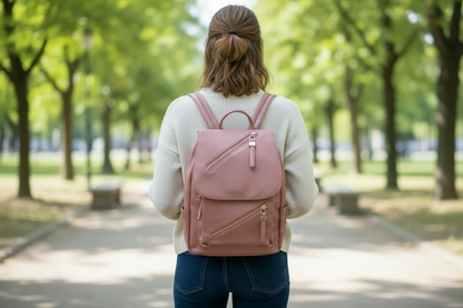 Person wearing a pink backpack in a park