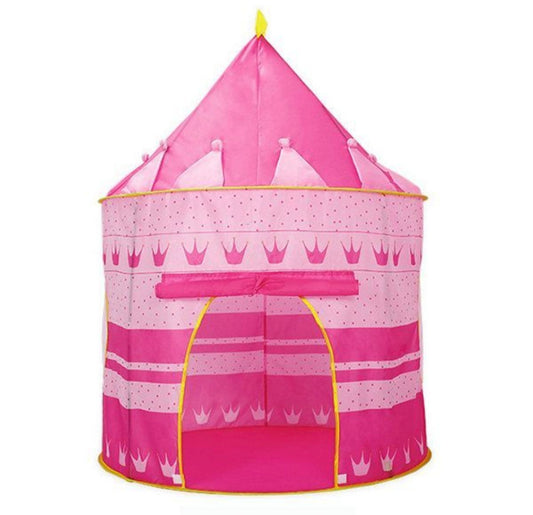 Pink children's play tent with castle design on a white background