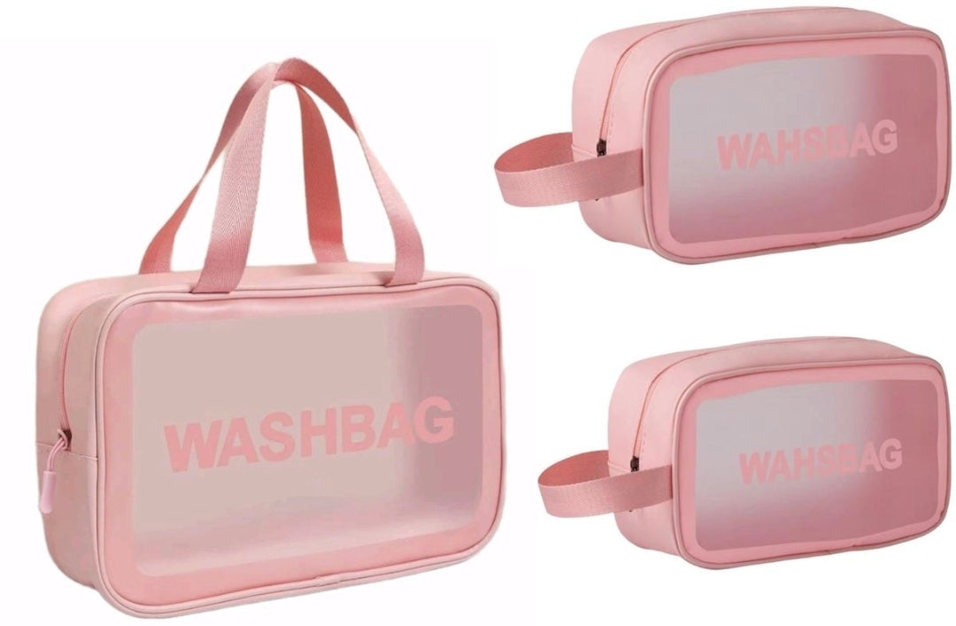 Set of pink washbags with 'WASHBAG' text on a white background