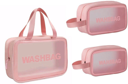 Set of pink washbags with 'WASHBAG' text on a white background