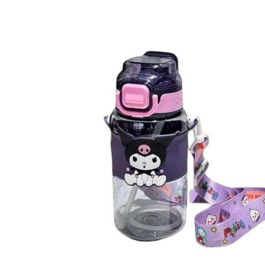 Children's water bottle with purple lid and strap featuring cartoon character on a white background