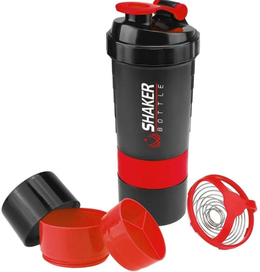 Black and red shaker bottle with detachable parts on a white background