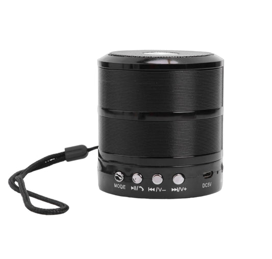 Black cylindrical speaker with control buttons on a white background
