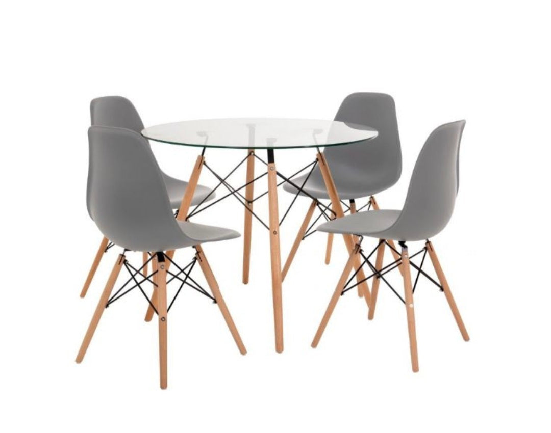 Round Glass Dining Table Set with Wooden-Leg Chairs (5-Piece Set)