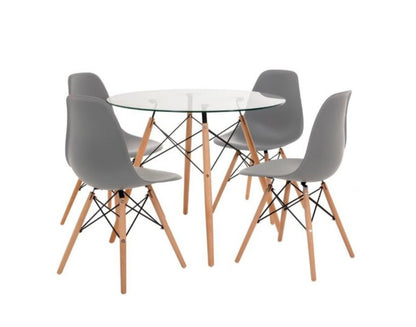 Round Glass Dining Table Set with Wooden-Leg Chairs (5-Piece Set)