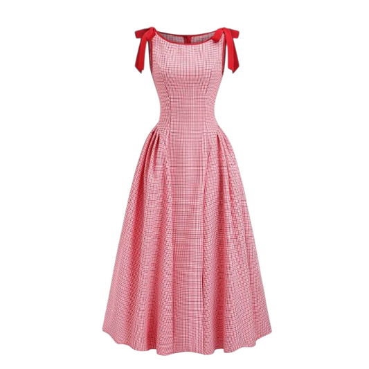 Red & Pink checkered dress with bow straps on a white background