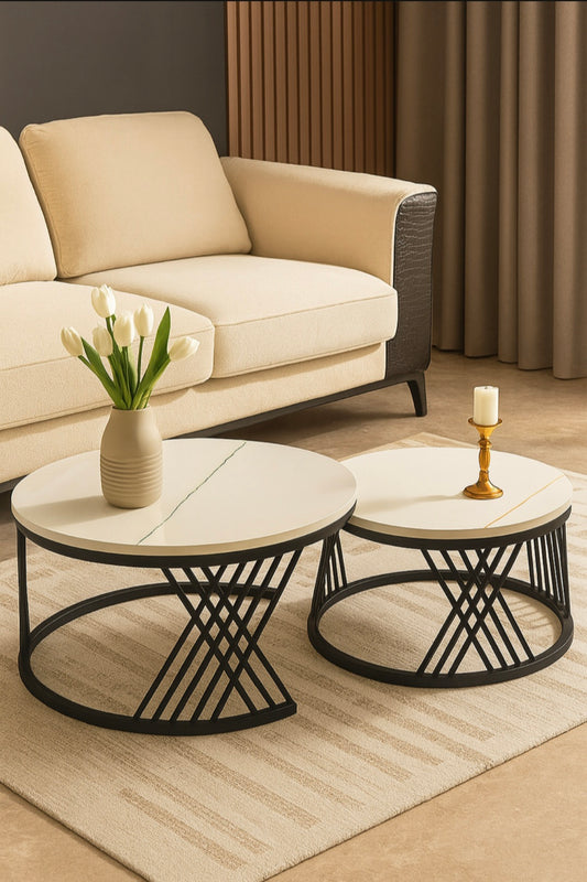 2-Piece Round Coffee Table Set - Marble Look with Metal Frame