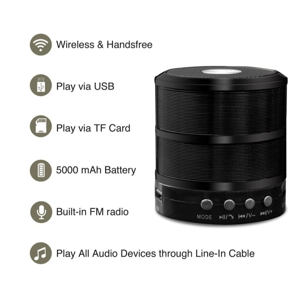 Black cylindrical speaker with features listed on a white background