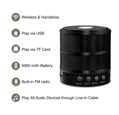 Black cylindrical speaker with features listed on a white background