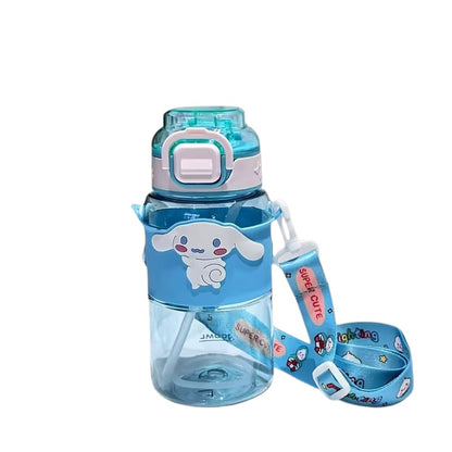 Blue children's water bottle with cartoon character and strap on a white background