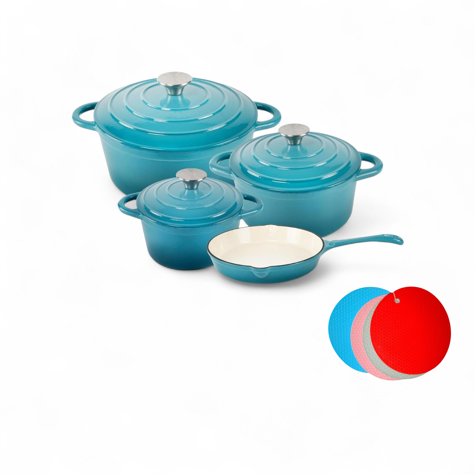 Set of turquoise cookware with a small white pan on a white background