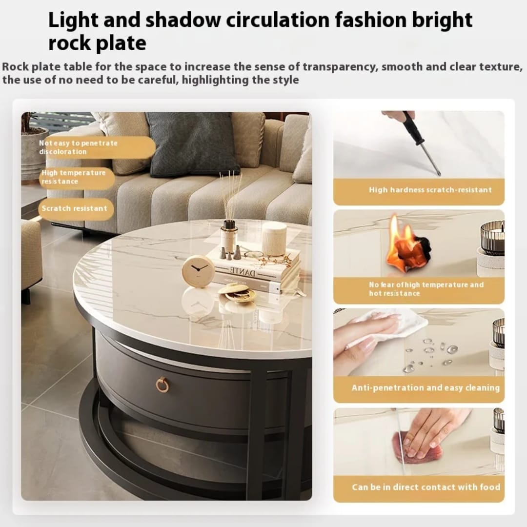 Round coffee table with light-colored top and dark base in a living room setting, featuring text about its features.